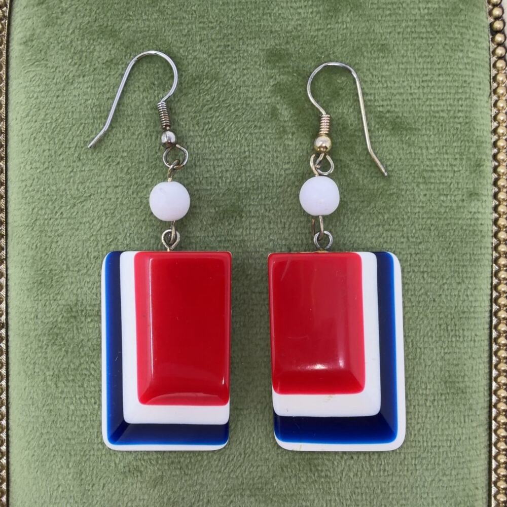 Vintage Lucite Geometric Dangle Earrings Red White Blue Layered Rectangles